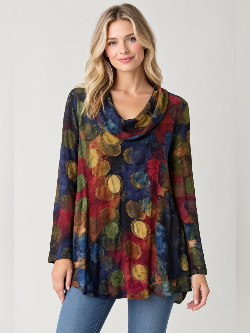Ali Miles Lagenlook Y2K colorful circle print cowl Neck tunic top artsy